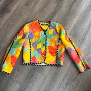 Vintage Multicolor Patchwork Quilted Cropped Jacket - Yellow Multi Small